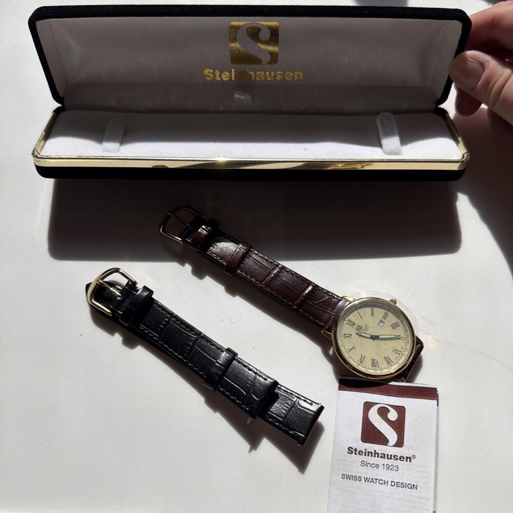 Steinhausen TW493G Dunn Horitzon Vintage NOS Gold Watch 2 Bands Box Papers